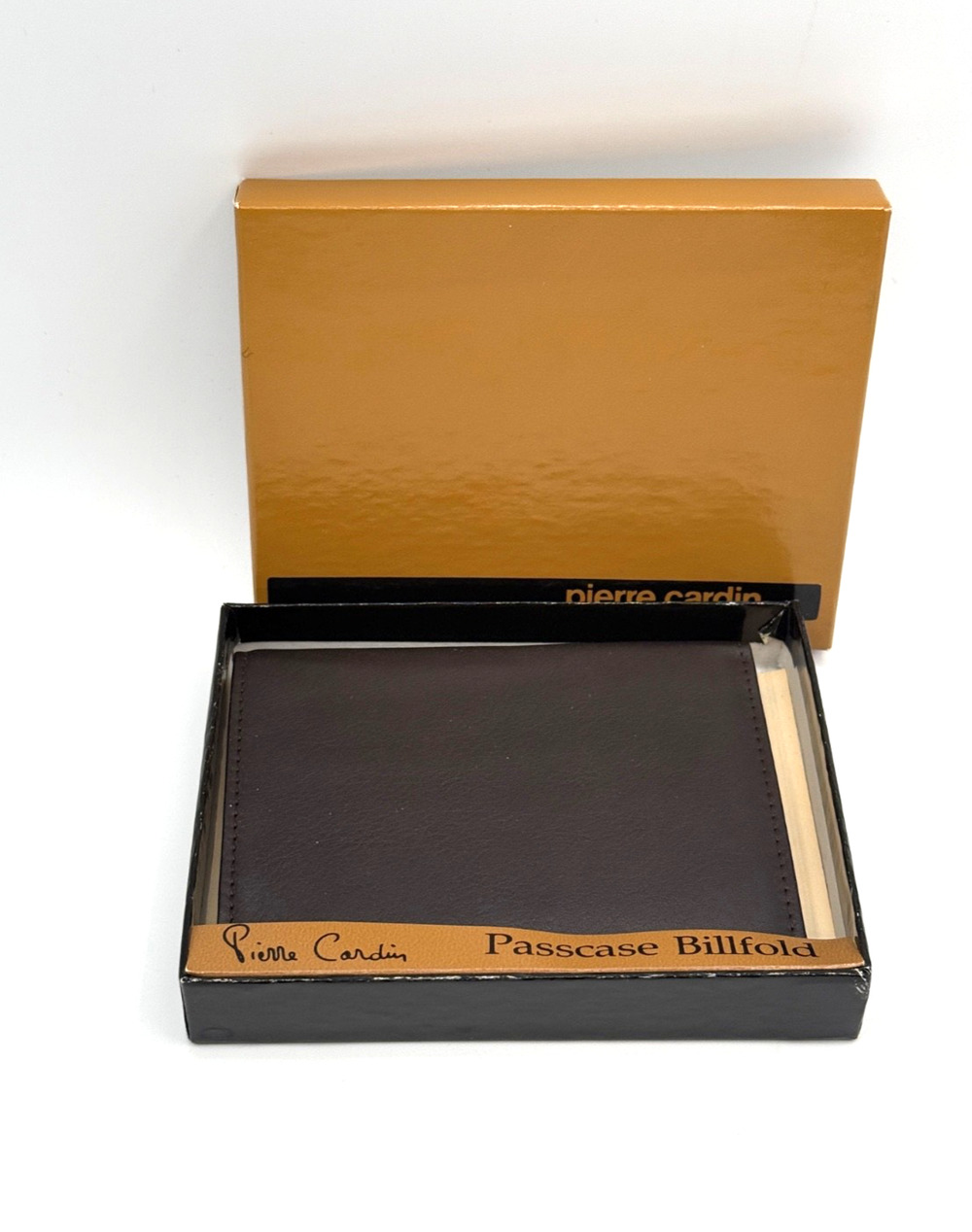 NOS Pierre Cardin Brown Leather Passcase Billfold Wallet w/ Box Vintage